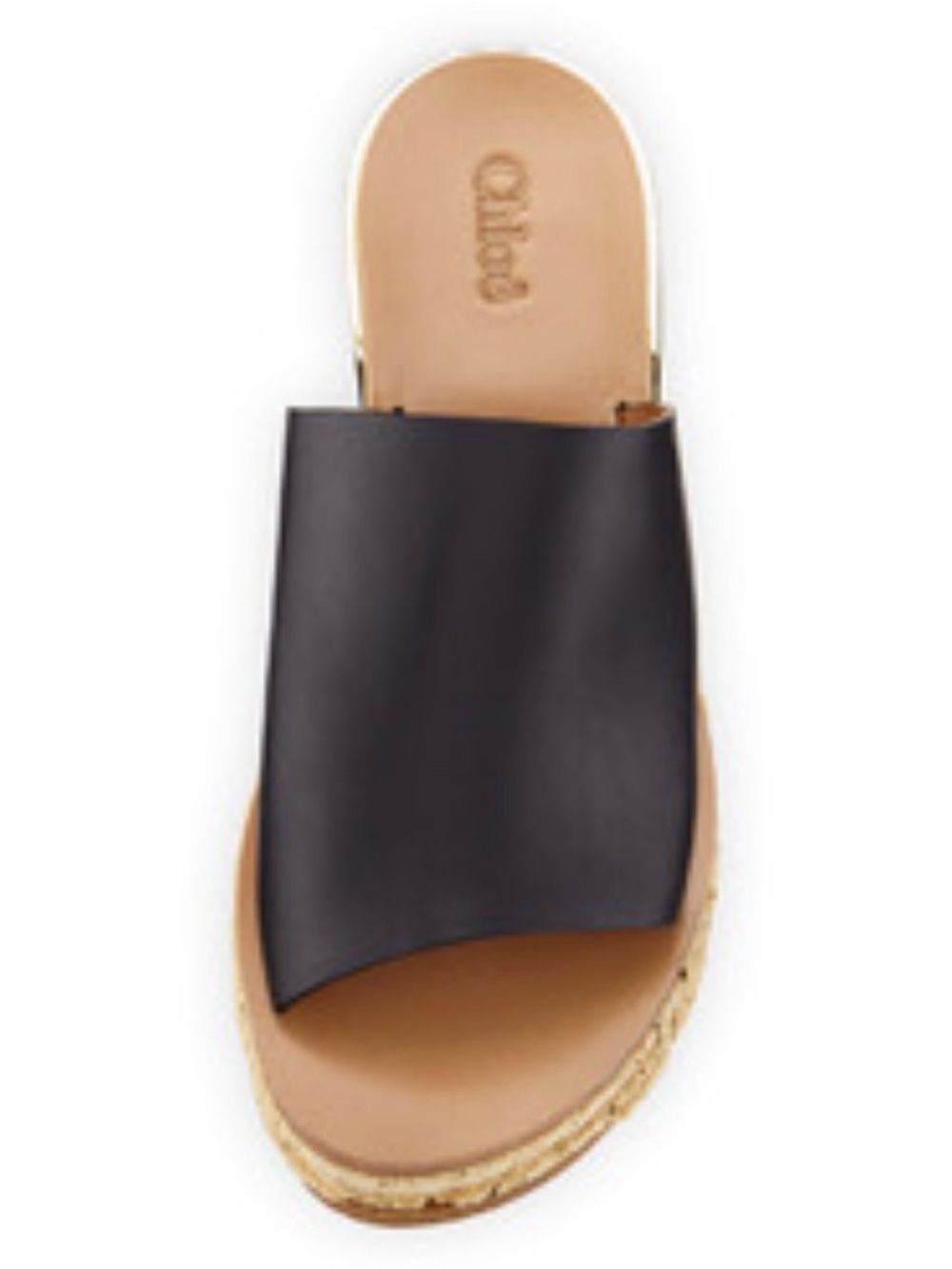 Chloe Black Leather Cork Platform Wedge Slide with Gold Trim, size 8.5 - Picture 2 of 6